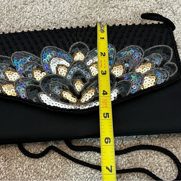 Black Satin Evening Bag Clutch / Shoulder Peacock Iridescent Beaded Sequin - Picture 8 of 8